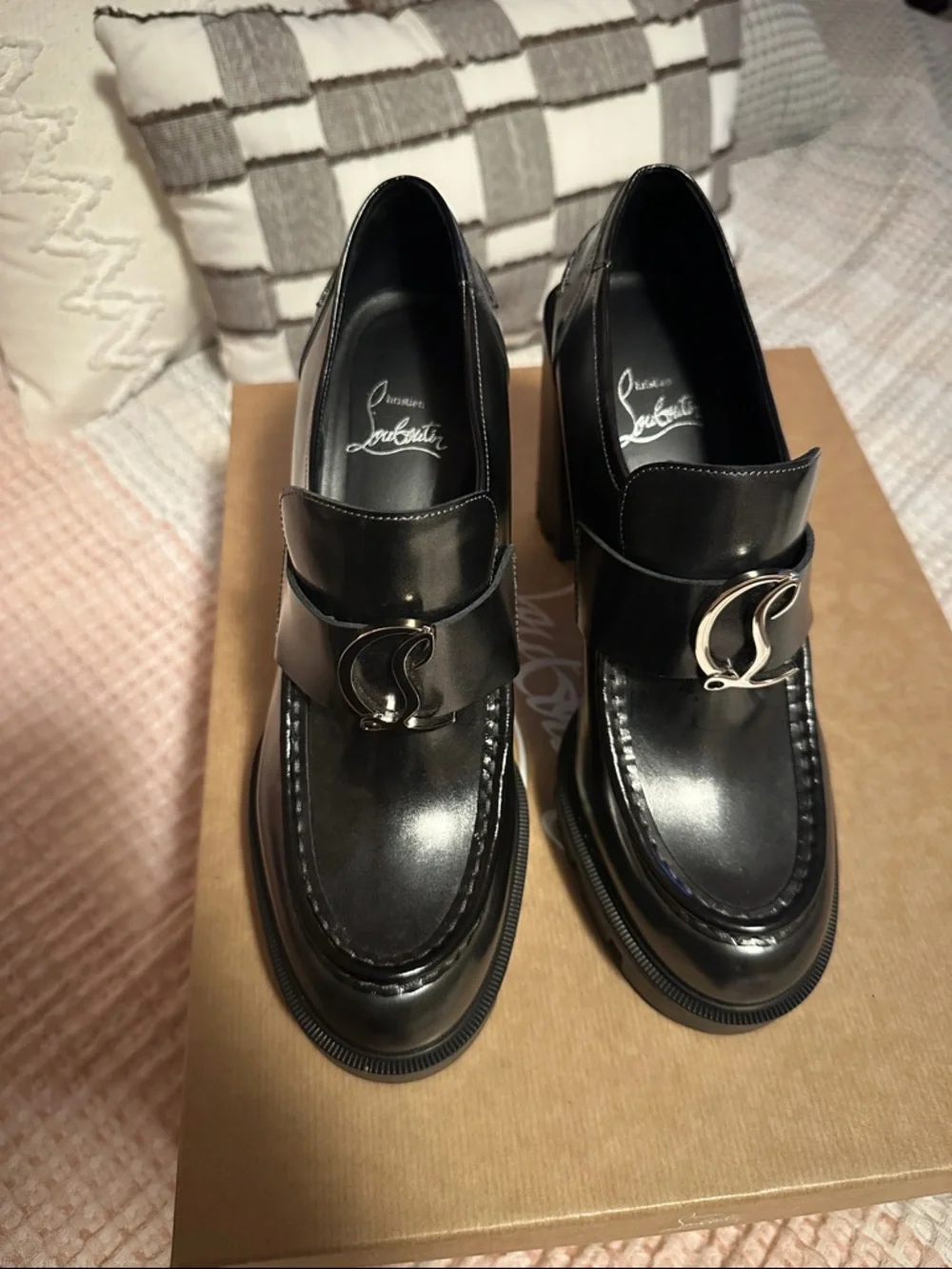 Christian Louboutin Moc Lug Alta 100 Black Leather Platform Loafers Size 38.5 - Picture 6 of 12